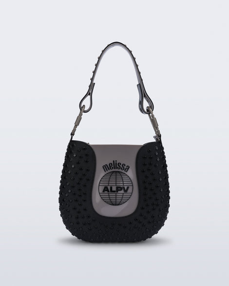 Front view of a black Nina Bag + Alexandre Pavao shoulder bag with grey accents