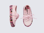 Side and top view of a pair of pink Street Mickey & Friends baby sneaker with pink shoe laces
