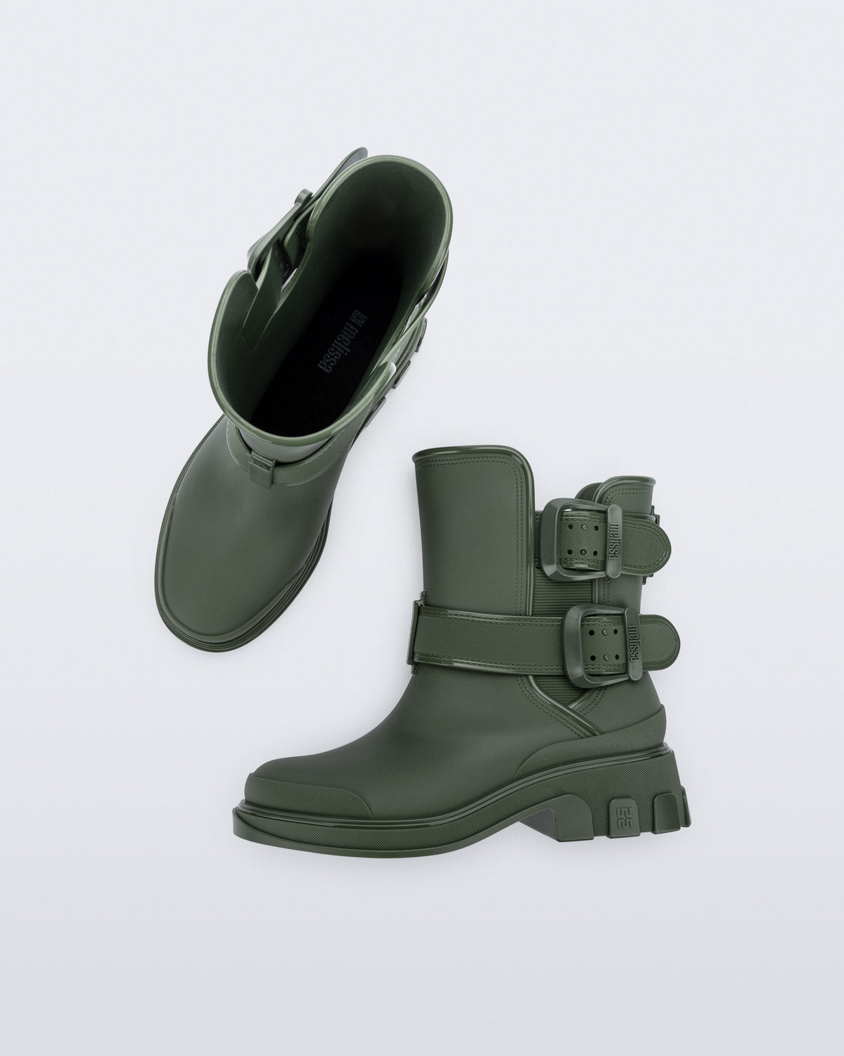 Top and side view of a pair of green Bang Boots with two side buckles