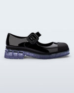 Side view of a black with clear sole June mary jane with matte toe cap