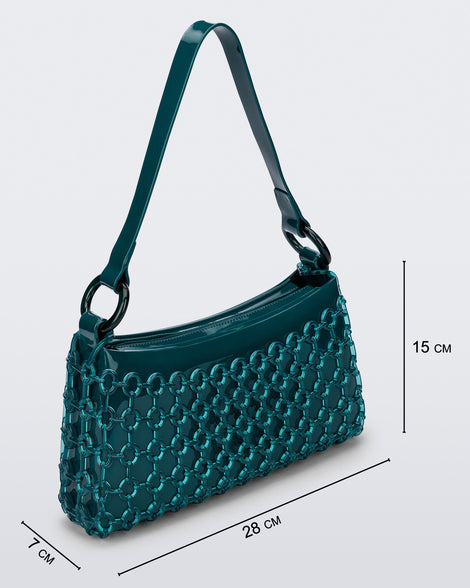Angled view of a green Hoop bag with short shoulder strap with bag dimensions: 28 cm x 7 cm x 15 cm