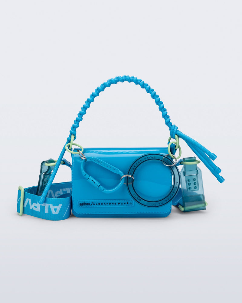 Front view of an blue Olga Bag + Alexandre Pavao with short strap fabric long strap