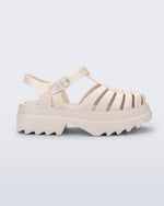 Side view of a beige Possession Platform II sandal.
