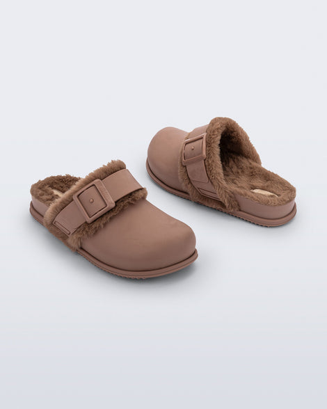 Back and angled view of a pair of brown Cozy Warm Clogs with fuzzy insoles