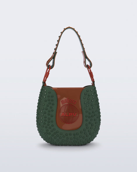 Front view of a dark green Nina Bag + Alexandre Pavao shoulder bag with brown accents