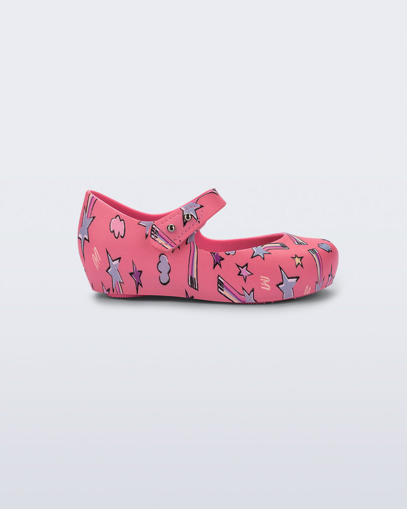 Side view of a pink Ultragirl Colors ballerina baby flat with shooting stars