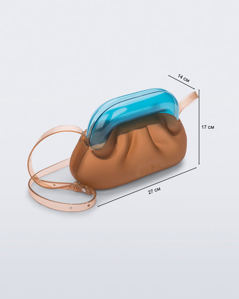 Angled view of a small clear orange bag with blue clutch and long strap with measurements 27 cm x14 cm x 17 cm