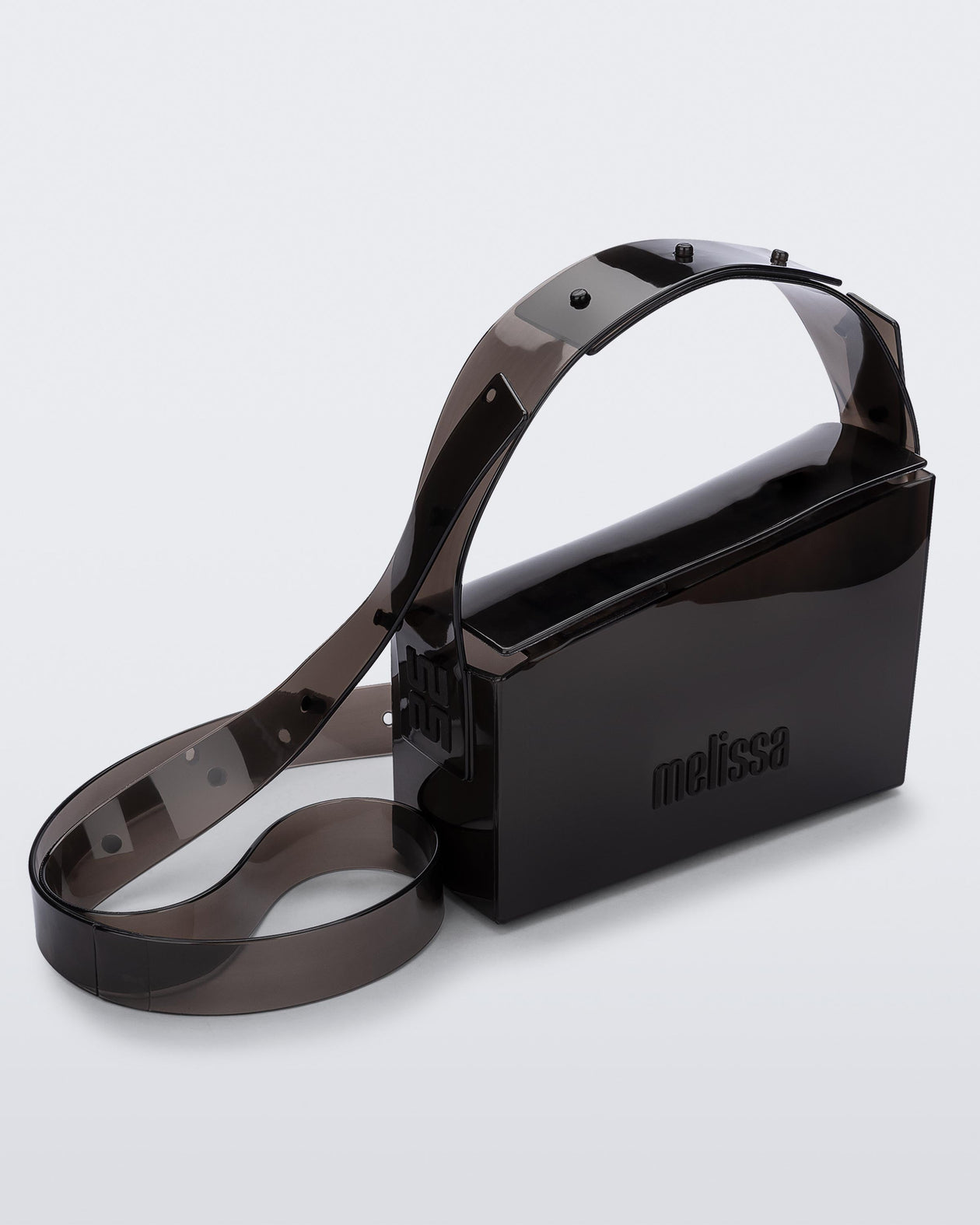 Angled view of a black Clear Bag with strap