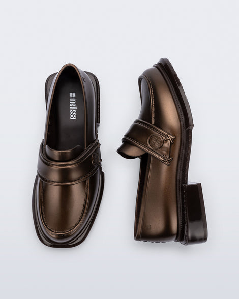 Top and side view of a pair of bronze Spencer loafers