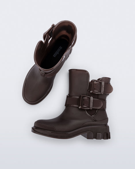 Top and side view of a pair of brown Bang Boots with two side buckles