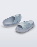 Top and angled view of a pair of blue Cozy Cross platform sandals with crisscross top straps