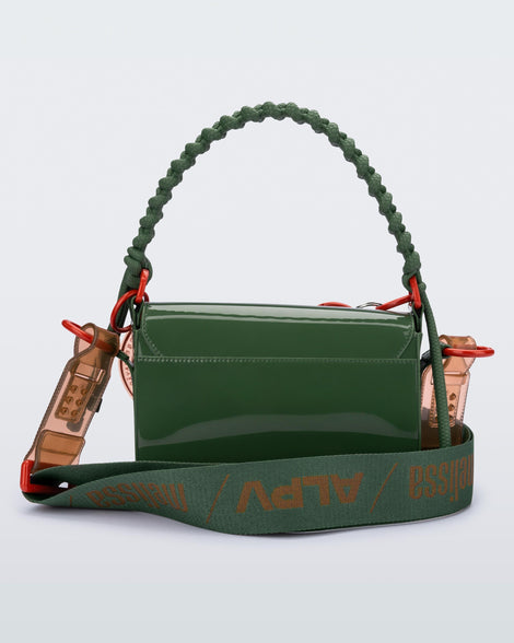 Back view of an dark green Olga Bag + Alexandre Pavao with short strap fabric long strap