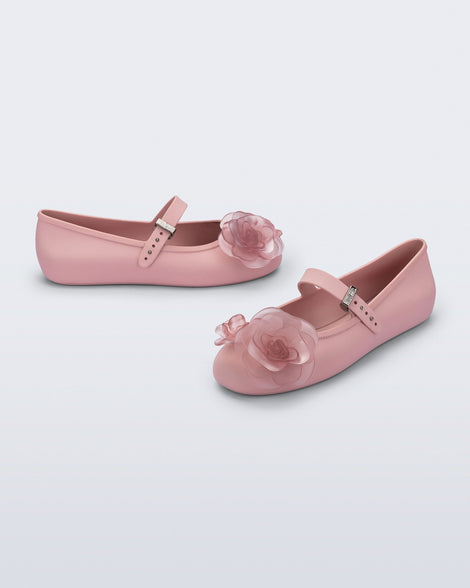 Angled and side view of a pair of pink Soft Ballerina Petals flats