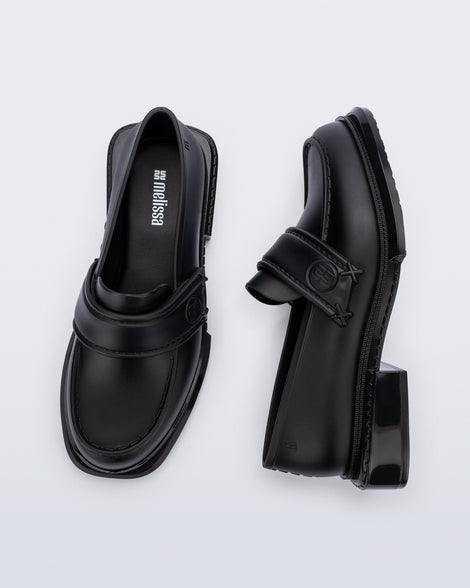 Top and side view of a pair of black Spencer loafers