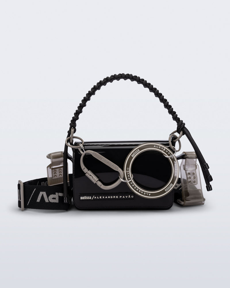 Front view of an black Olga Bag + Alexandre Pavao with short strap fabric long strap