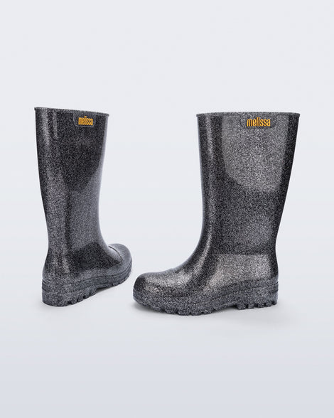 Back and side view of a black glitter Welly rainboot