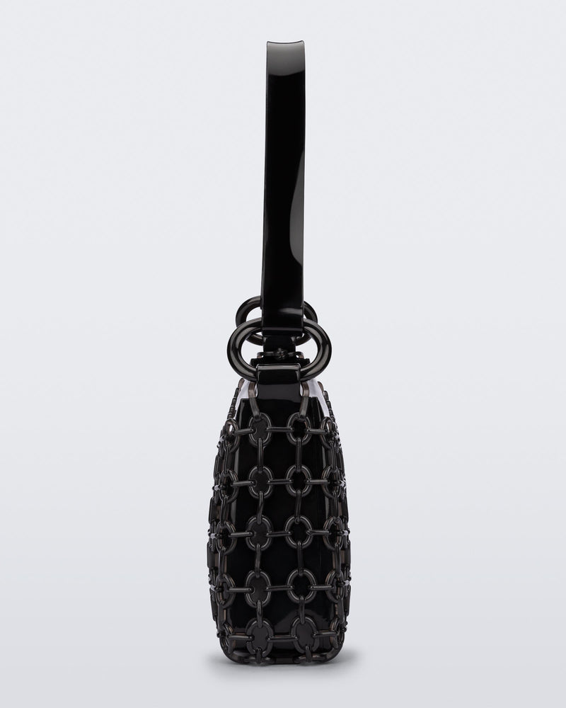 Side view of a black Hoop bag with short shoulder strap