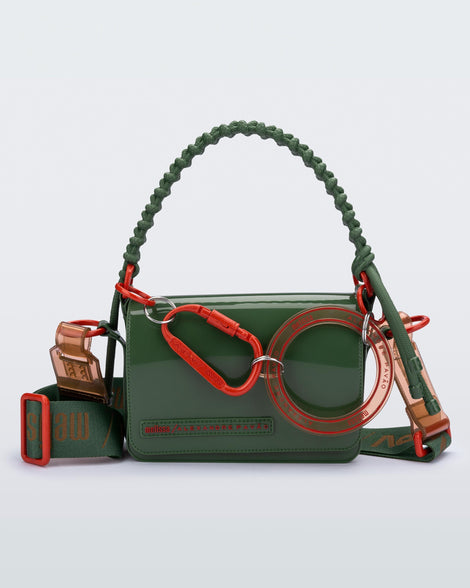 Front view of an dark green Olga Bag + Alexandre Pavao with short strap fabric long strap