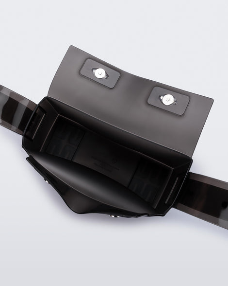 Top view of a black Clear Bag with strap