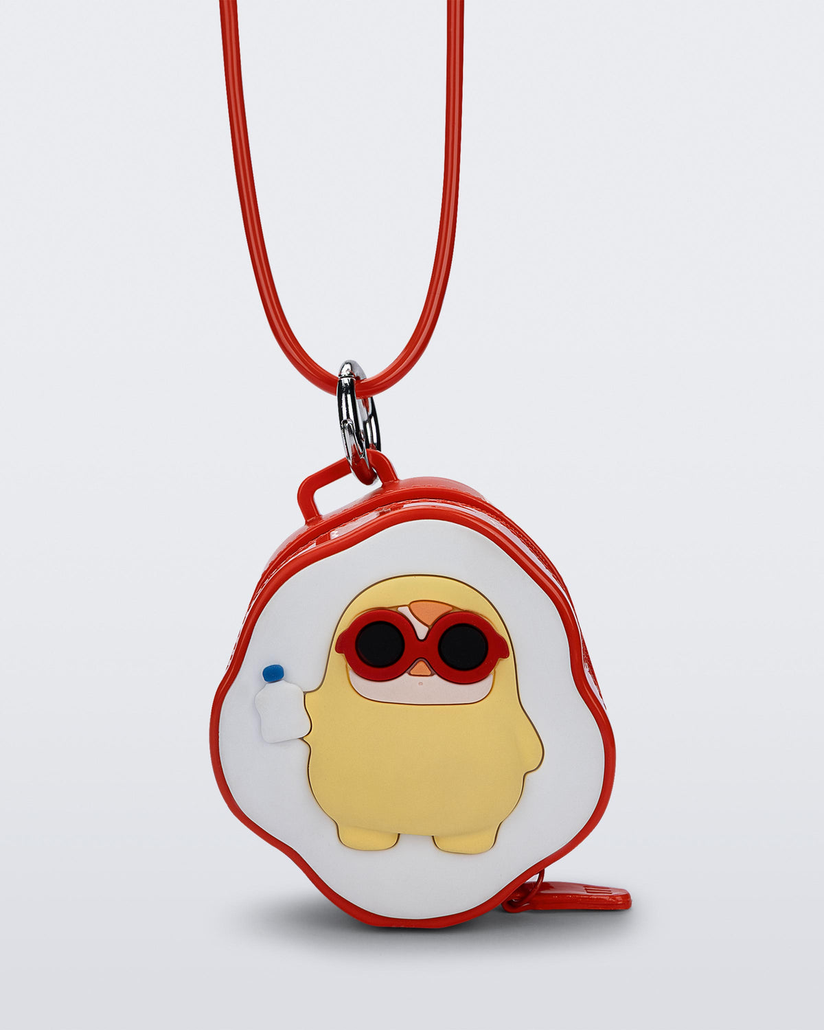 Front view of a red Bag + Pop Mart Pucky small bag with short strap