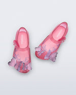 Top view of a pair of pink glitter Ultragirl Butterfly baby flats with pink butterflies on top