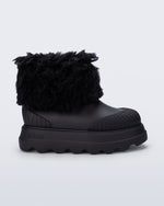 Side view of a black Warm Boot with fuzzy cuff and inside