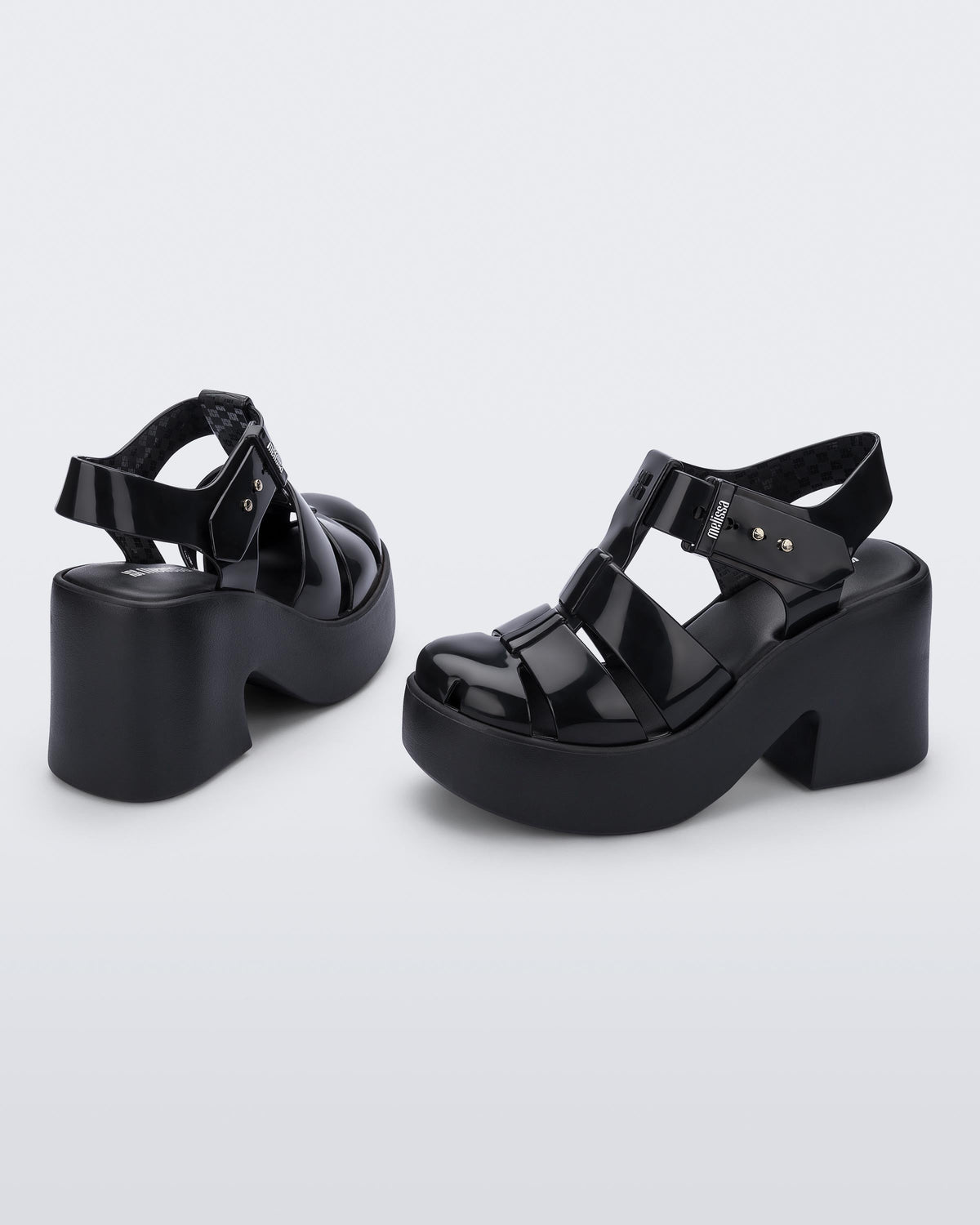 Back and side view of a pair of black Lulu platform heel fisherman sandals