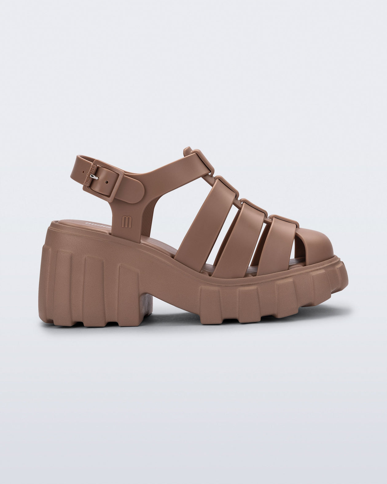 Side view of a brown Megan platform sandal