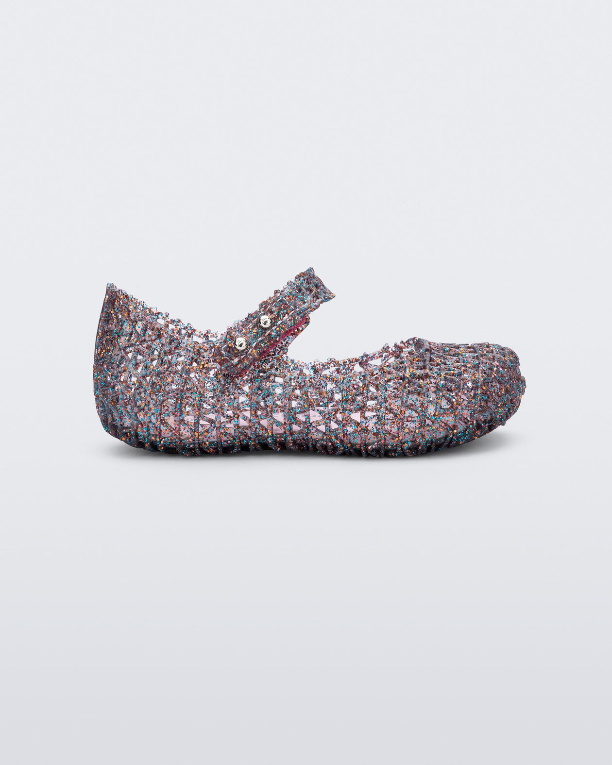 Side view of a glitter clear/pink Campana baby flat