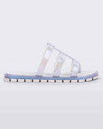 Side view of a pearly blue Path adult sandal with blue sole