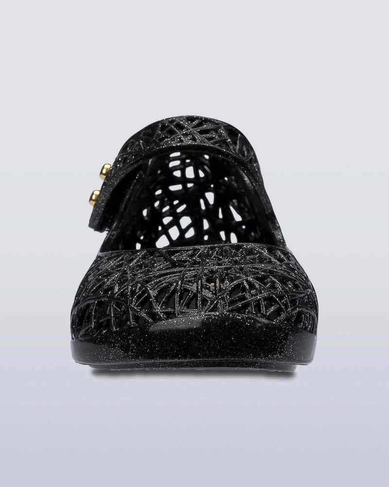 Top view of a Black/Silver Glitter Mini Melissa Campana Zig Zag flats with a top strap and a woven detail design.