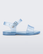 Side view of a blue glitter Mini Melissa Mar Sandal.