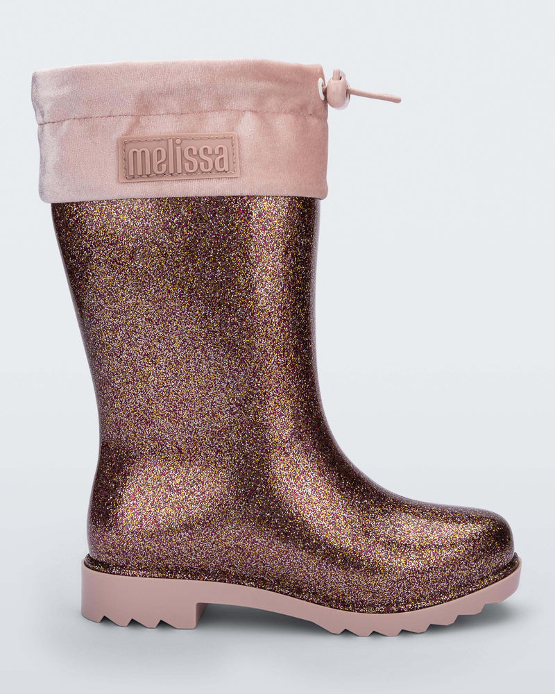 Side view of a Glitter pink Rain Boot kids