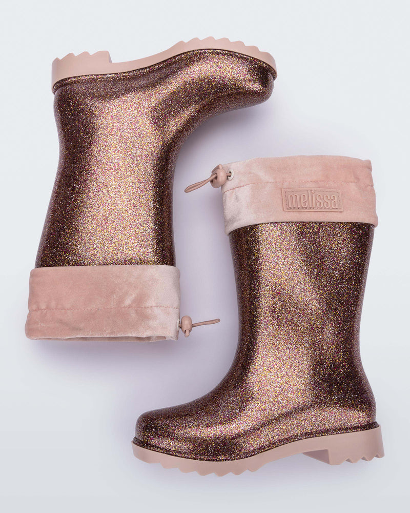 Top view of a pair of Glitter pink Rain Boots kids