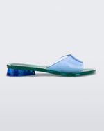 Side view of a transparent green/blue Melissa Kim slide.