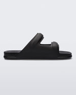 Side view of a black Melissa Free Grow slide with a square cut out on the front.