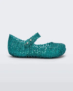 Side view of Mini Melissa Campana green glitter flats with a snap strap for baby with an open woven texture