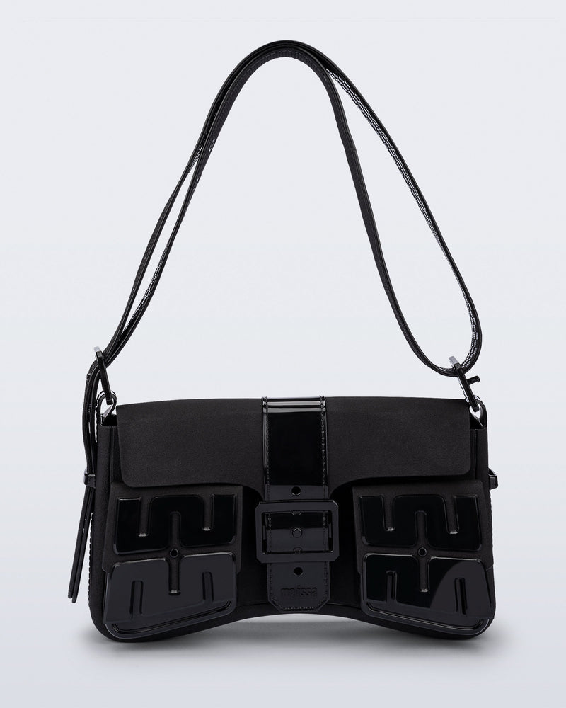 Front view of a black Cargo bag with two small pockets on the front and an adjustable strap