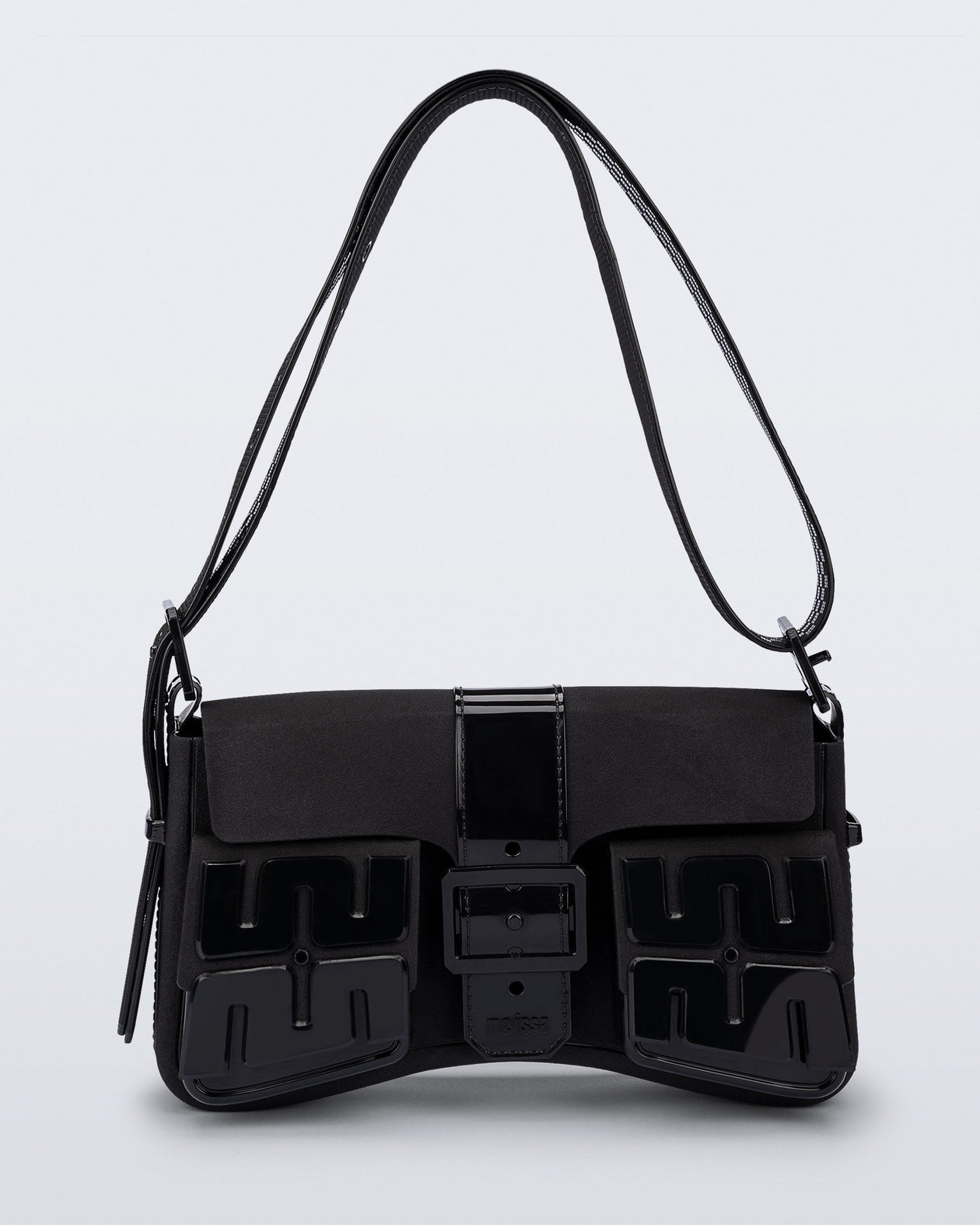 Front view of a black Cargo bag with two small pockets on the front and an adjustable strap