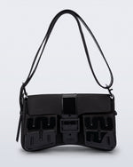 Front view of a black Cargo bag with two small pockets on the front and an adjustable strap