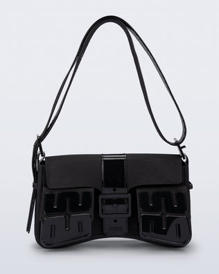 Front view of a black Cargo bag with two small pockets on the front and an adjustable strap