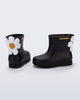 Side and back view of a pair of black Welly Bloomy boots with white daisy on back