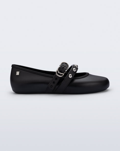 Side view of a black Soft Ballerina Studs flat with silver embellishments