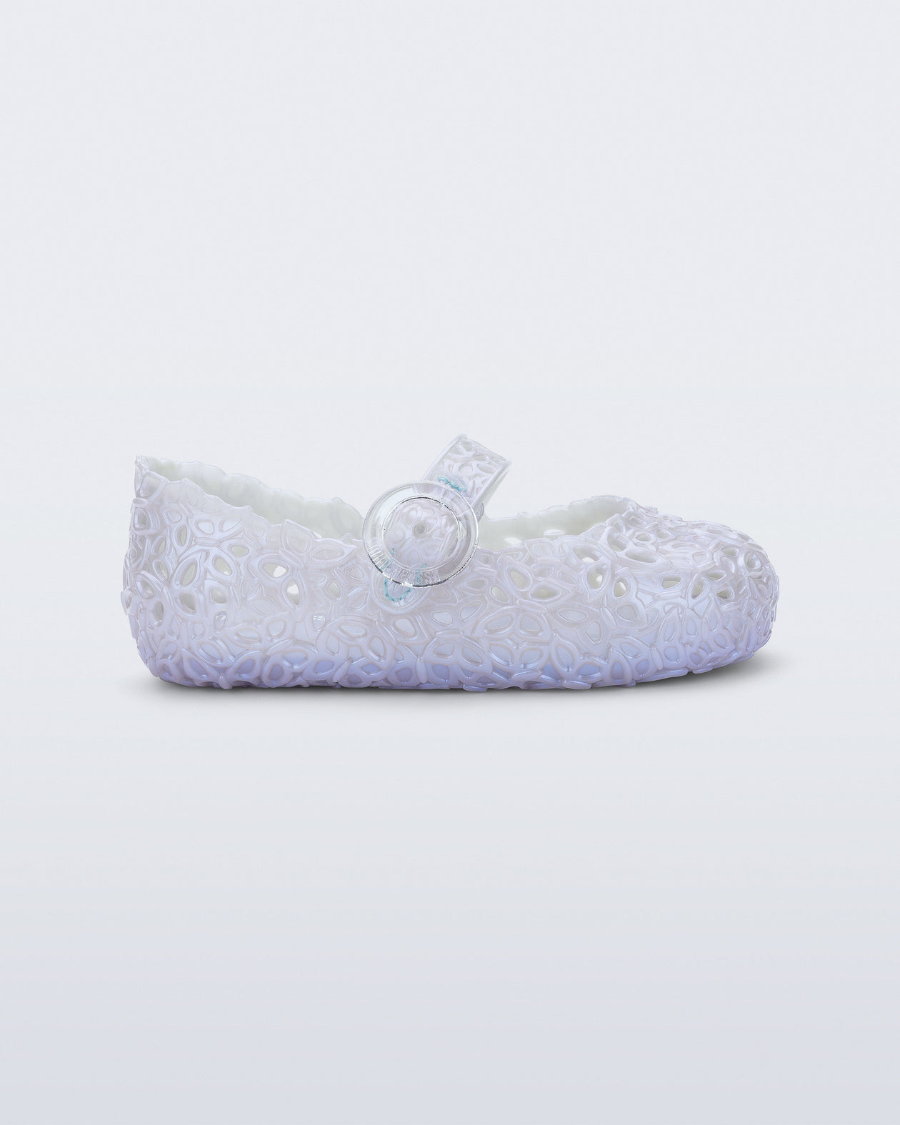 Side view of a pearly blue Pollen baby flat