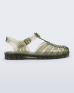 Side view of a clear dark green Possession fisherman sandal