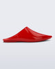 Side view of a red She slip on with pointed toe