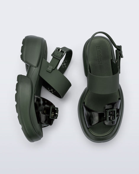 Top and side view of a pair of green Push platform Sandals