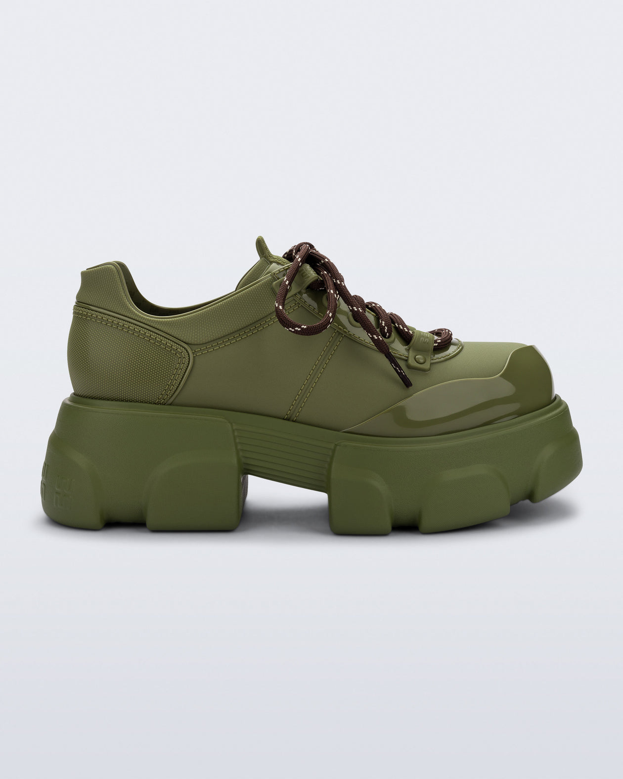 Side view of an army green Camp platform Sneaker with brown laces