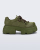 Side view of an army green Camp platform Sneaker with brown laces