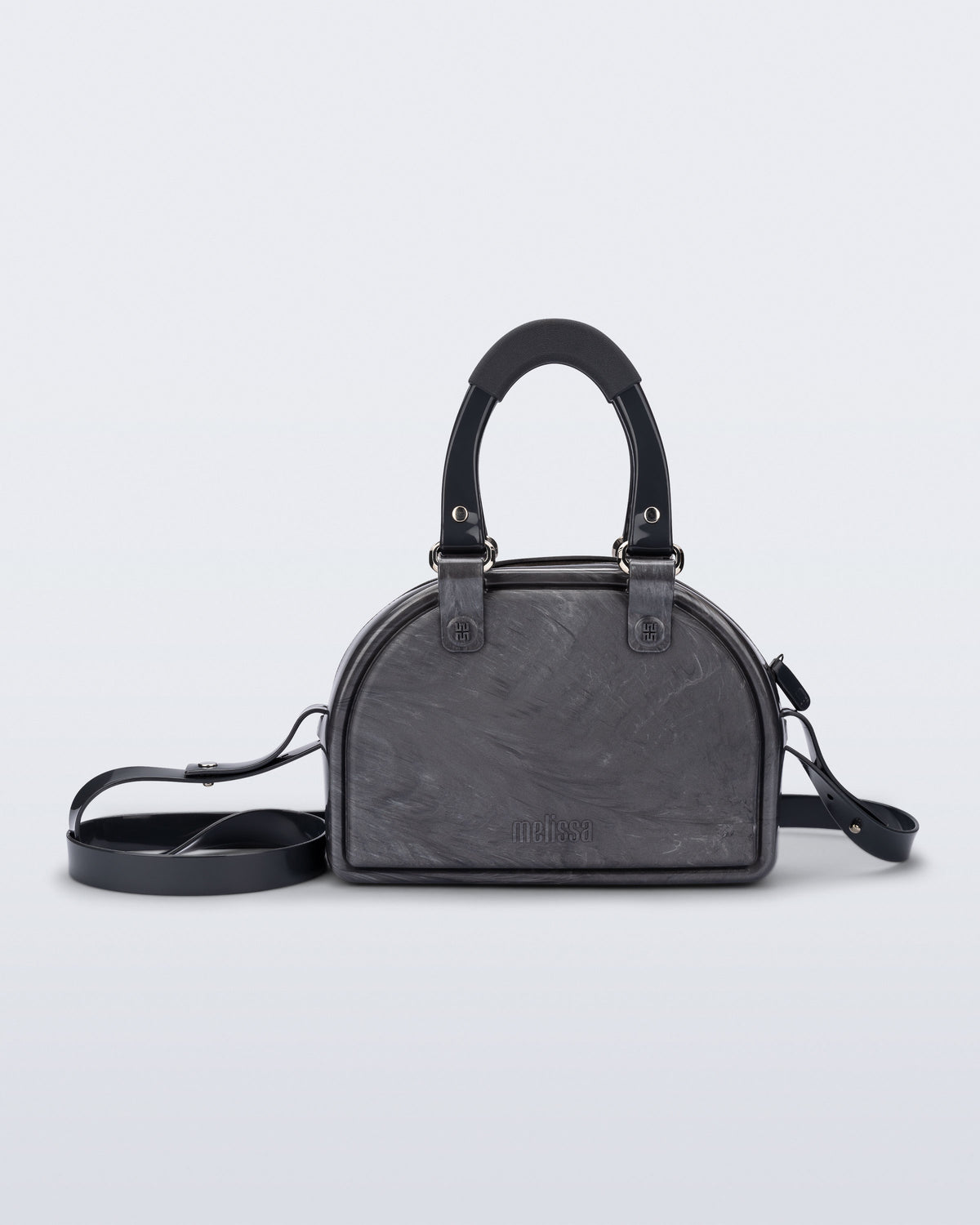 Front view of a grey Bowling bag with black handle strap and cross body strap